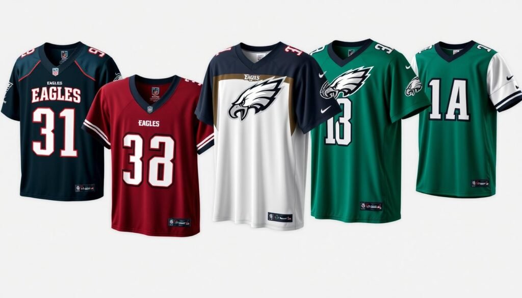 Eagles home jersey, away jersey, and alternative jersey options